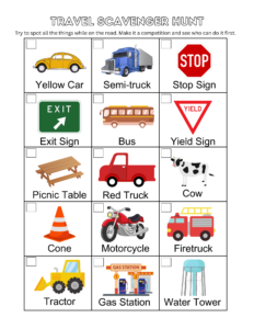 Travel scavenger hunt car activity for toddlers printable.