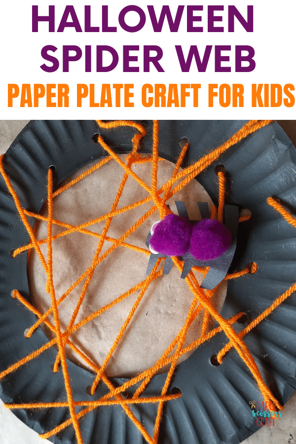 Halloween spider web paper plate craft for kids Pinterest pin.