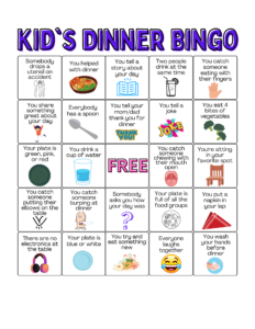 Kid's dinner bingo card.