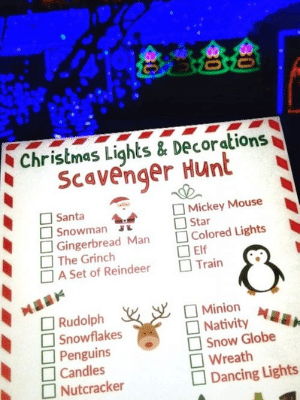 Printable Christmas lights and decorations scavenger hunt.