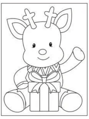 Reindeer with a present coloring page.