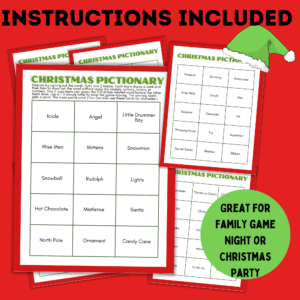 Example of Christmas Pictionary cards with instructions included, makes a great family game night or Christmas party.