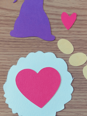 Gnome craft pieces with heart glued to beard only.