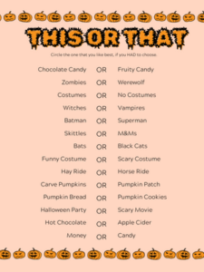 Photo of Halloween This Or That printable game for kids.