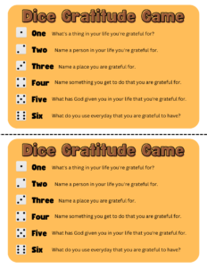 Picture of the dice gratitude game.