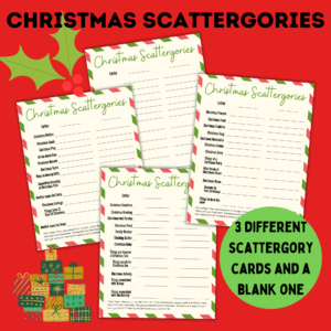 Christmas Scattergories - 3 different Scattergory cards and a blank one.