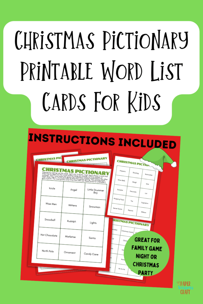 Christmas Pictionary printable word list cards for kids.