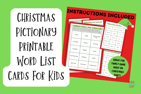 Christmas Pictionary printable word list cards for kids.