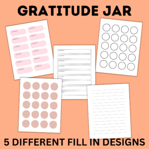 Gratitude jar with 5 different fill in designs.