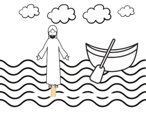 Jesus walking on the water black and white graphic.