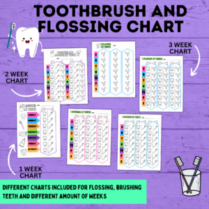 Toothbrush and flossing chart. Different charts included for flossing, brushing teeth, and different amount of weeks.
