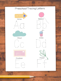 Preschool A, B, C, D, E and F tracing letters with graphics above each letter.