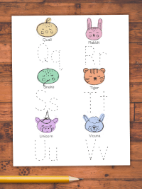 Dotted Q, R, S, T, U, and V for tracing with animal graphics above each letter.