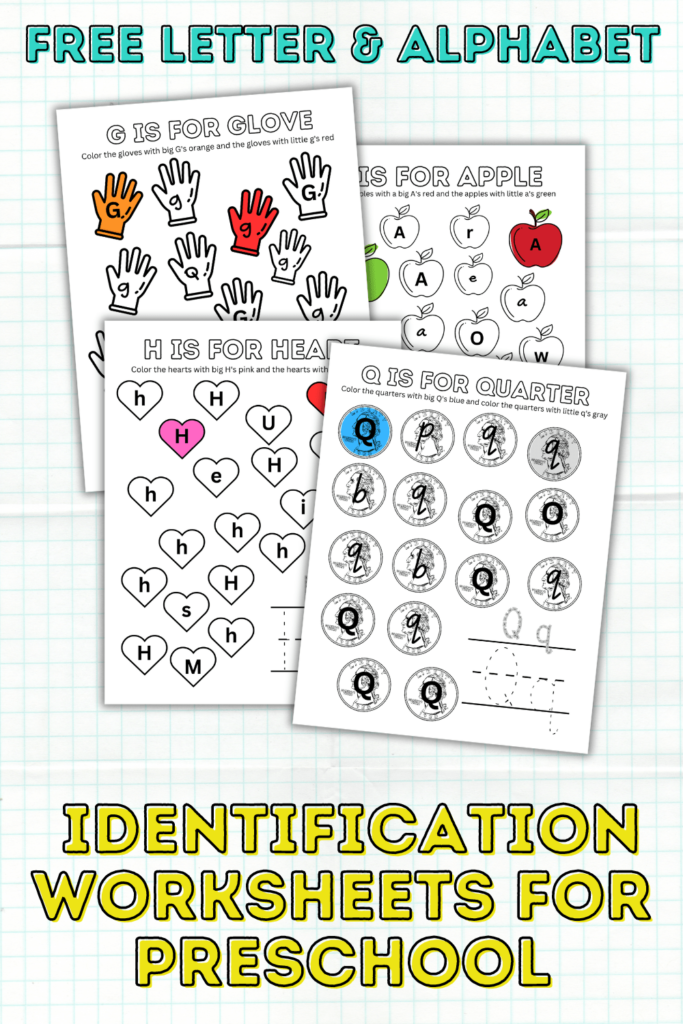 Free letter and alphabet identification printables for preschool.