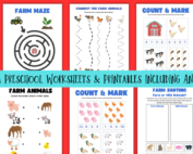 Farm preschool worksheets and printables including animals.